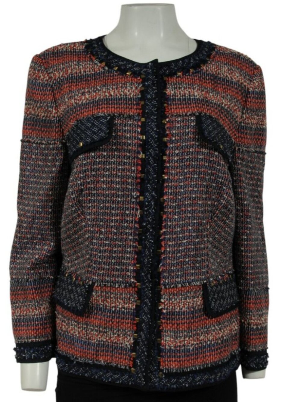 Rena Lange Women Studded Tweed Jacket Size US 16 IT 50 Red Blue Snap Close